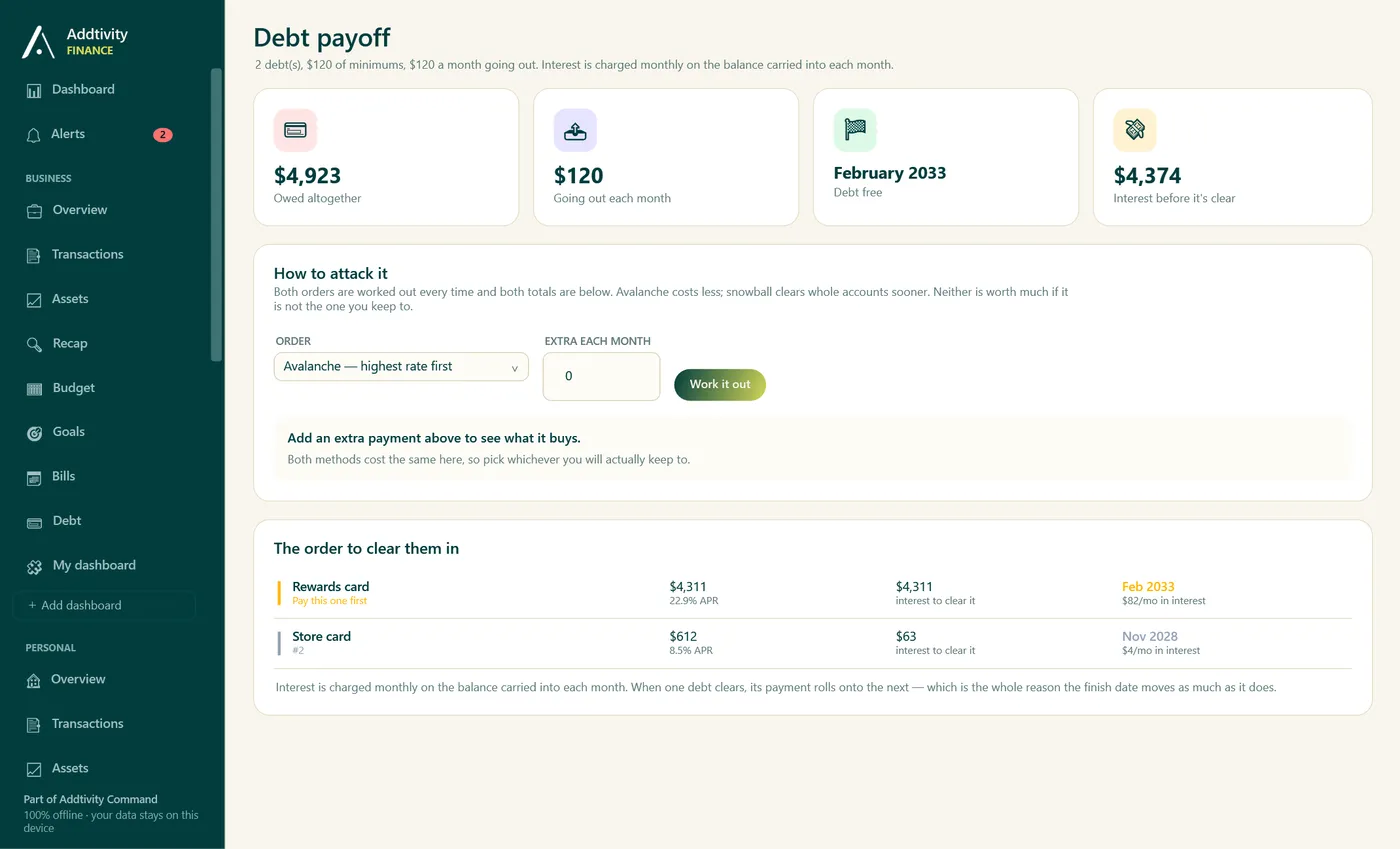The Debt page showing balances and a payoff plan.