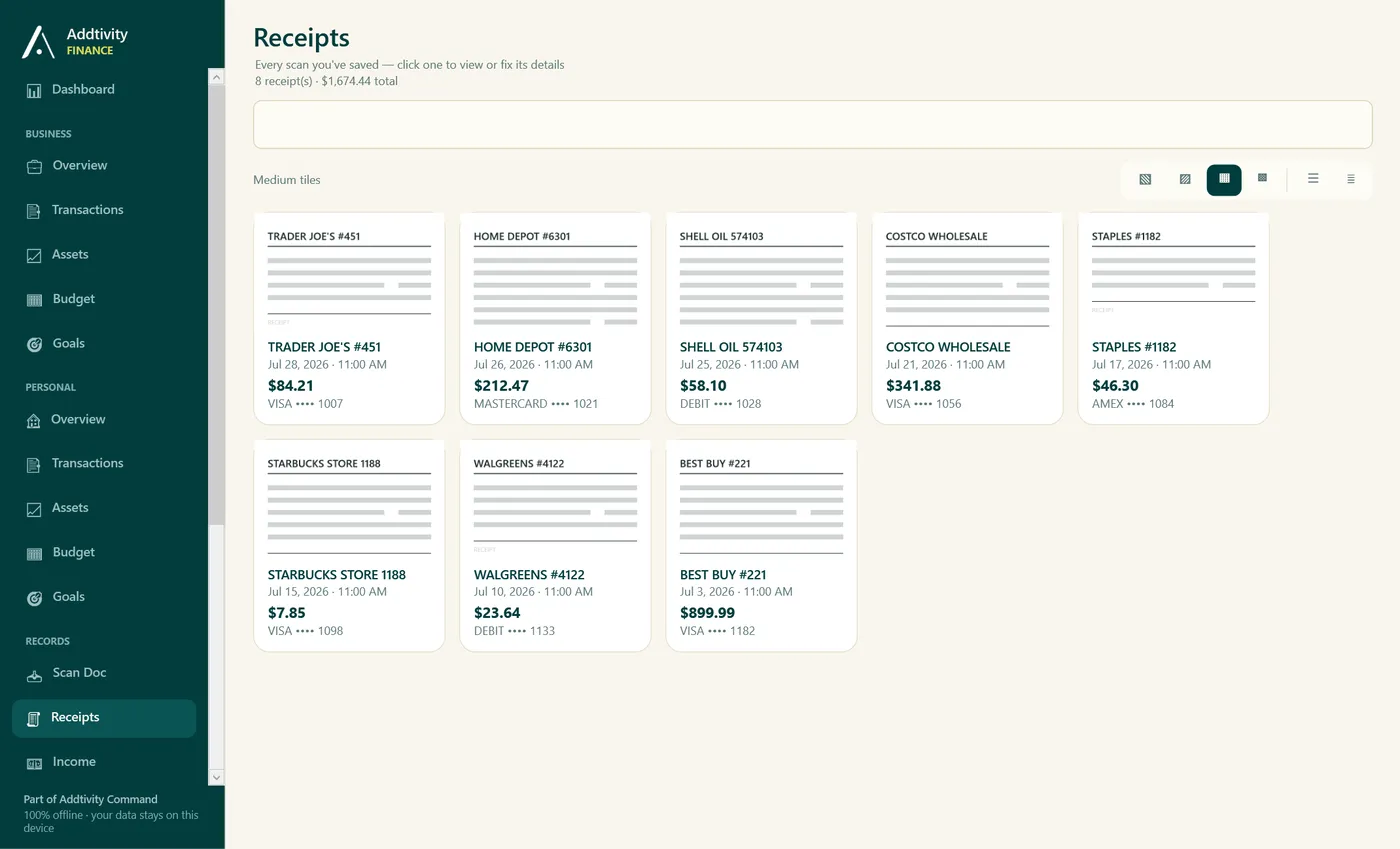 The Receipts page showing scanned receipts as tiles with store, date, total and card used.